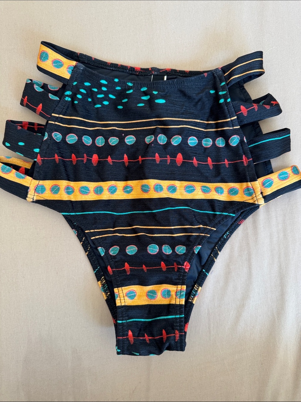 Desigual High-Waist Bikini Bottom in Black with Yellow, Teal & Red Accents